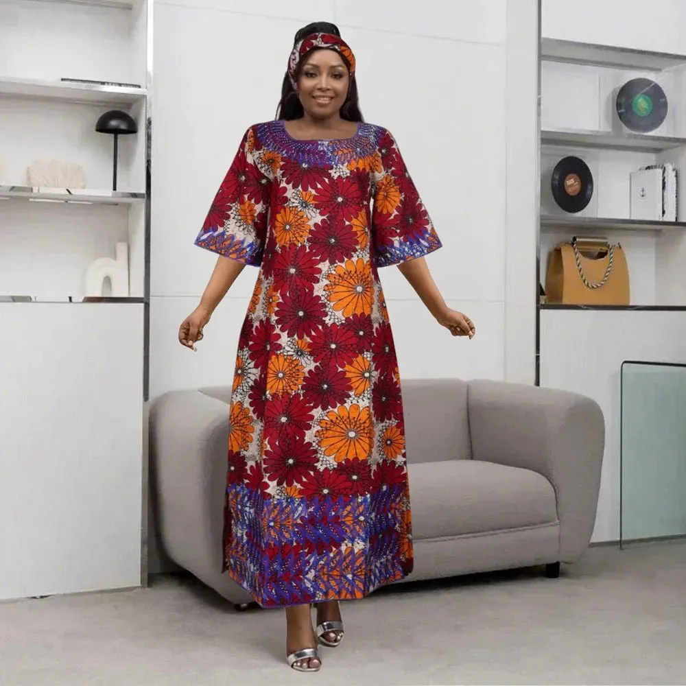 Women’s Embroidered Bazin Floral Boho Dresses – Rich Long Robes for Traditional Parties and Weddings