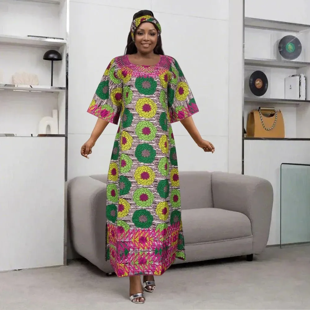 Women’s Embroidered Bazin Floral Boho Dresses – Rich Long Robes for Traditional Parties and Weddings