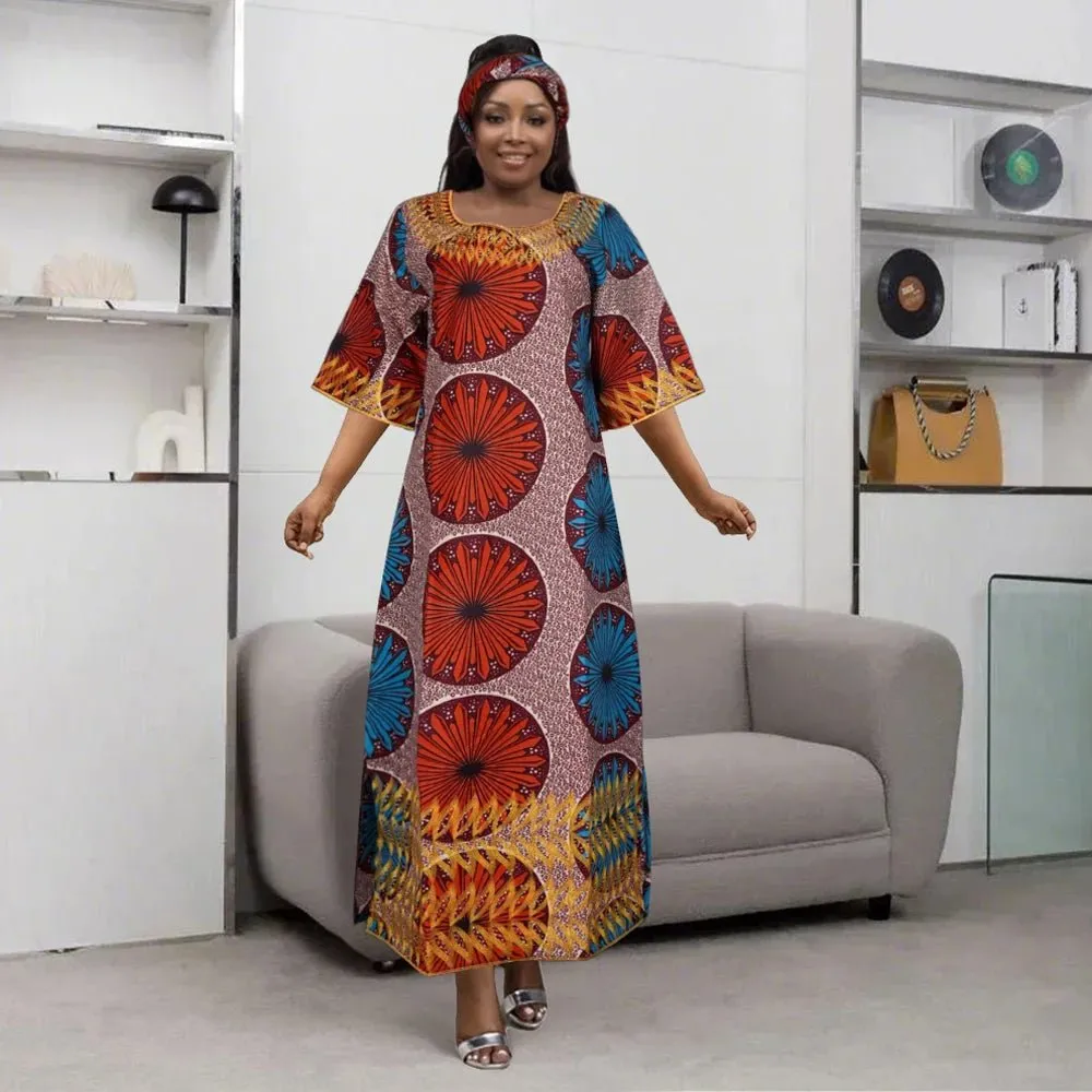 Women’s Embroidered Bazin Floral Boho Dresses – Rich Long Robes for Traditional Parties and Weddings