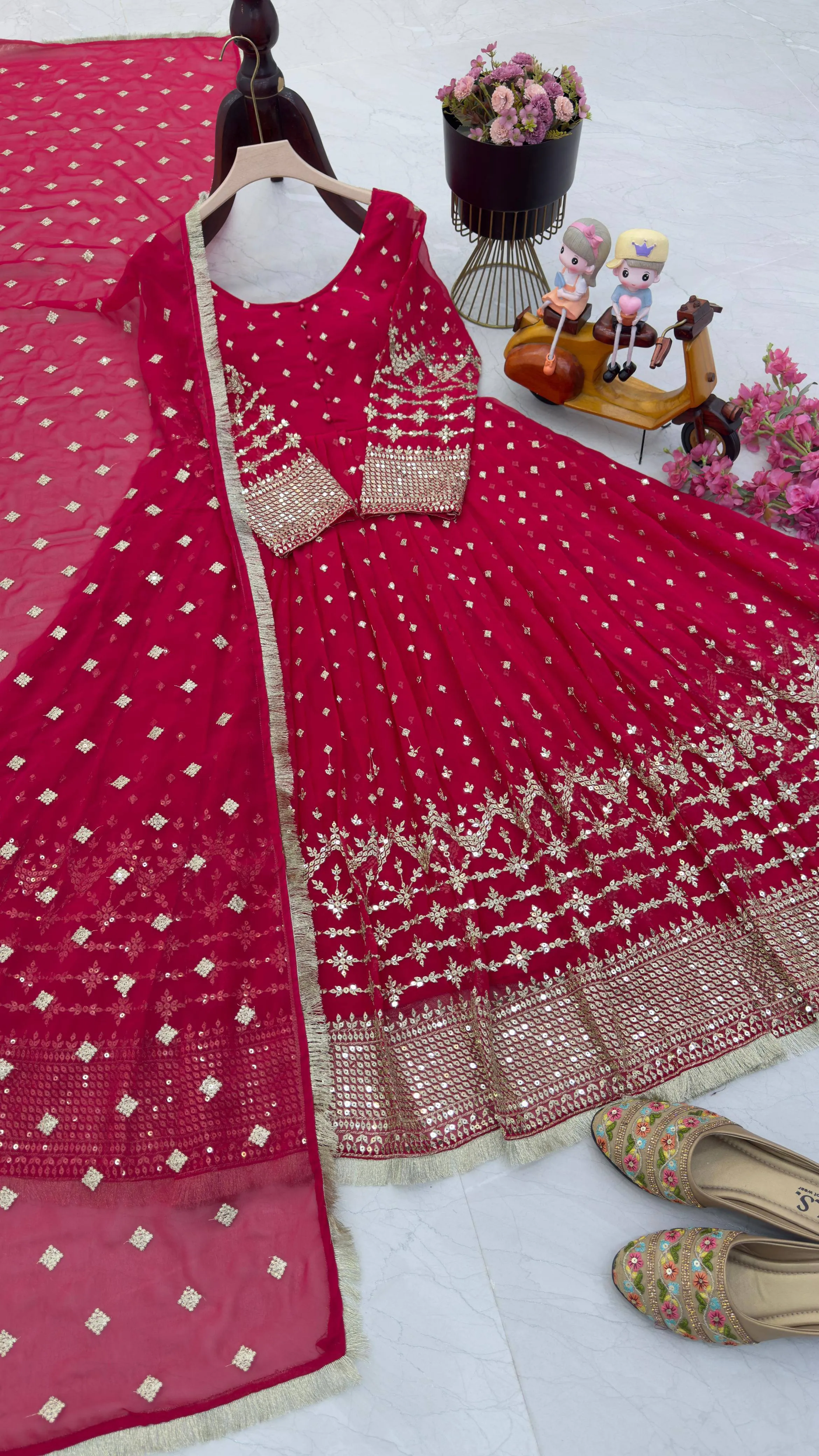 Women's  Gown with Dupatta - Heavy Fox Georgette with Sequin Embroidery | Full-Stitched, Ready-to-Wear in Sizes M-XXL