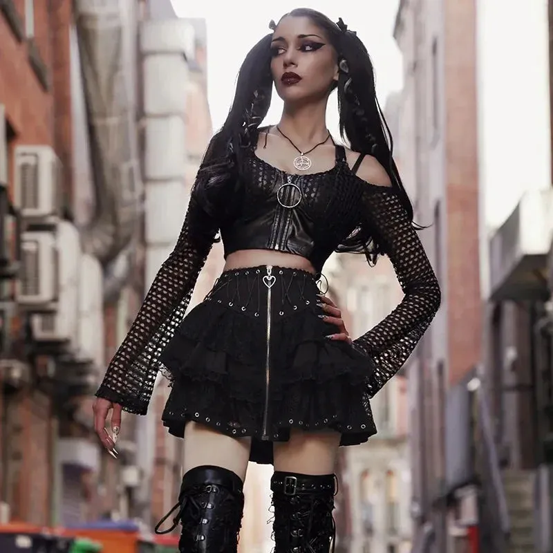 Women's Skater Black Zipper Style Waist High Harajuku Japanese Kawaii Gothic Vintage Front Mini Skirt