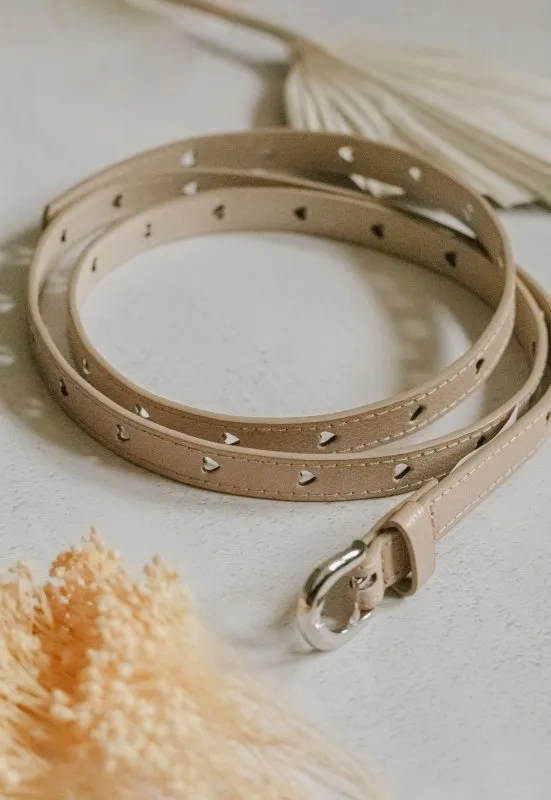 Xander Kostroma Cream PU Skinny Belt with Heart Holes | Adjustable Women's Belt | Stylish Faux Leather Skinny Belt for Casual and Formal Wear | Perfect for Waist Accent | Small and Medium
