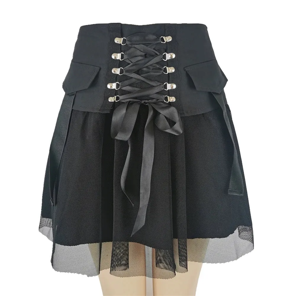 Y2K Vintage Dark Straps A-Line Skirt: Ladies Harajuku Mesh Summer Style