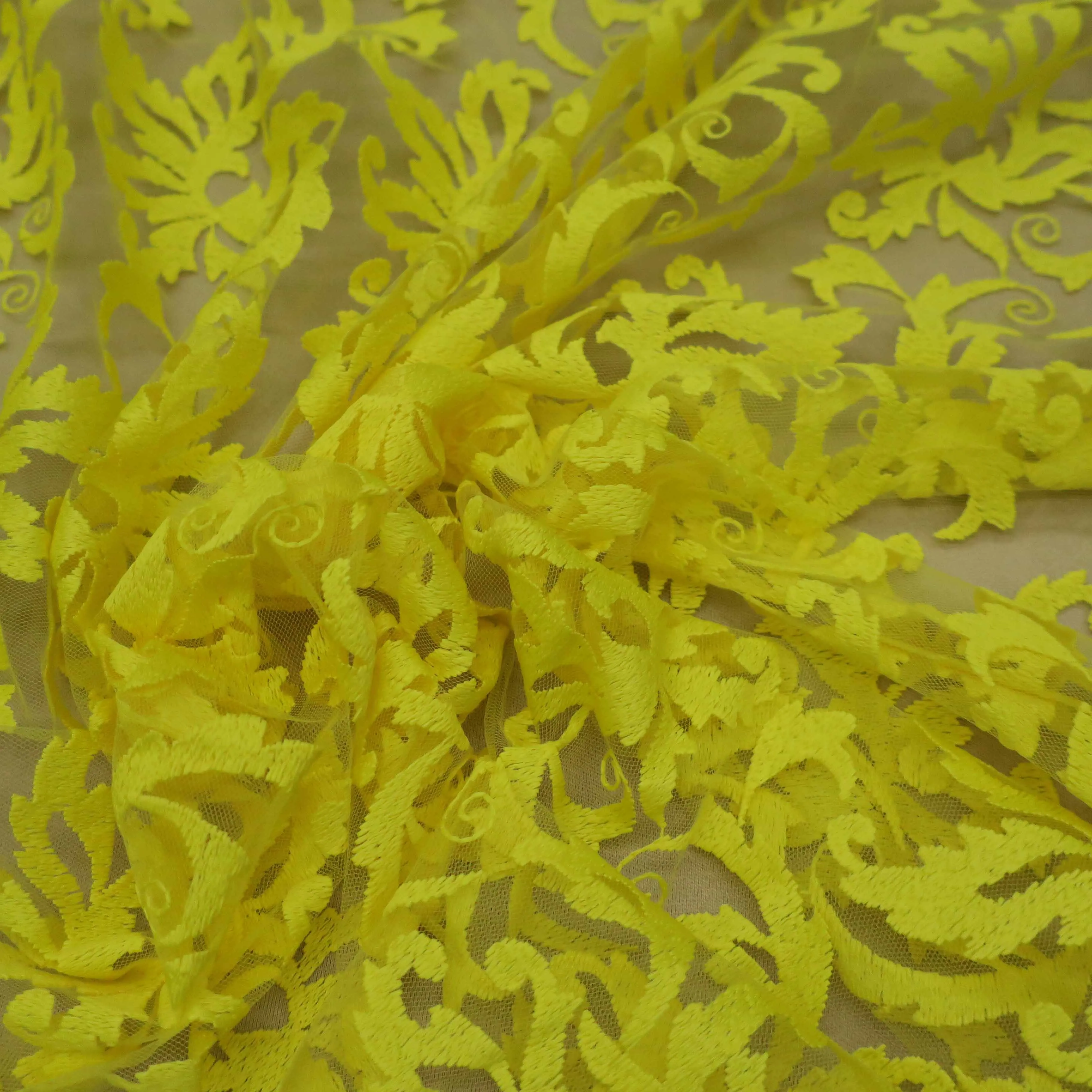 Yellow Arabesque Embroidered Tulle Fabric