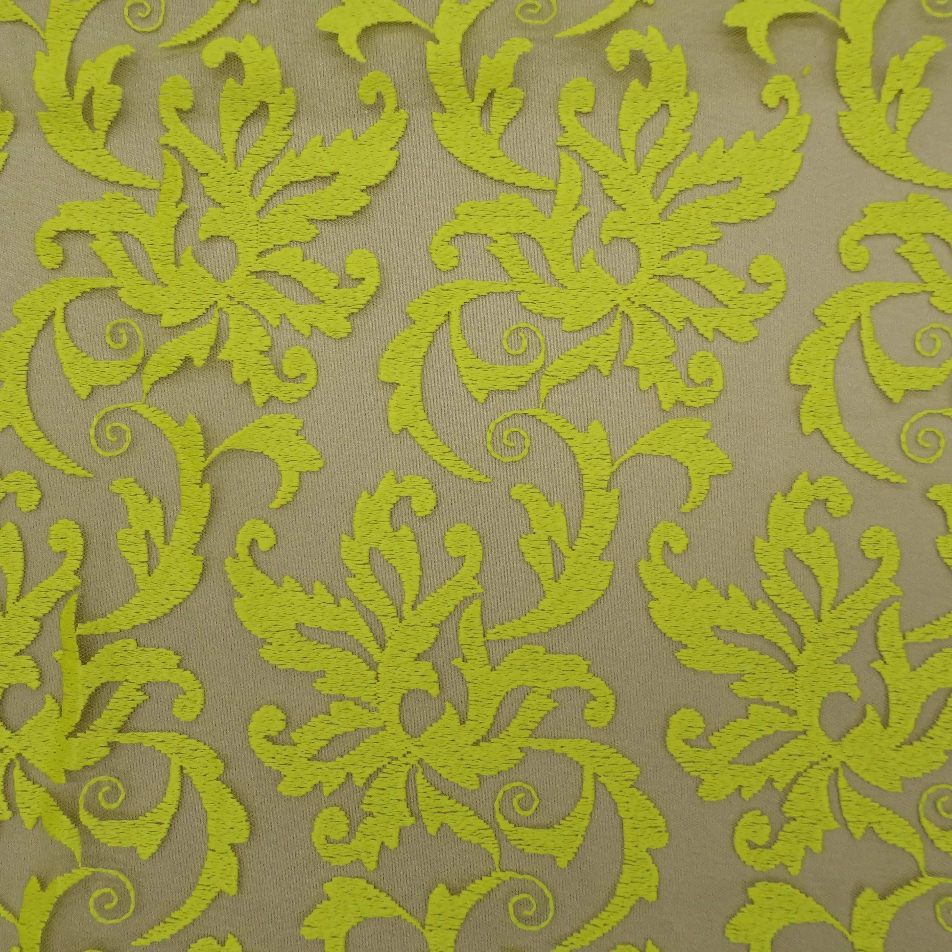 Yellow Arabesque Embroidered Tulle Fabric