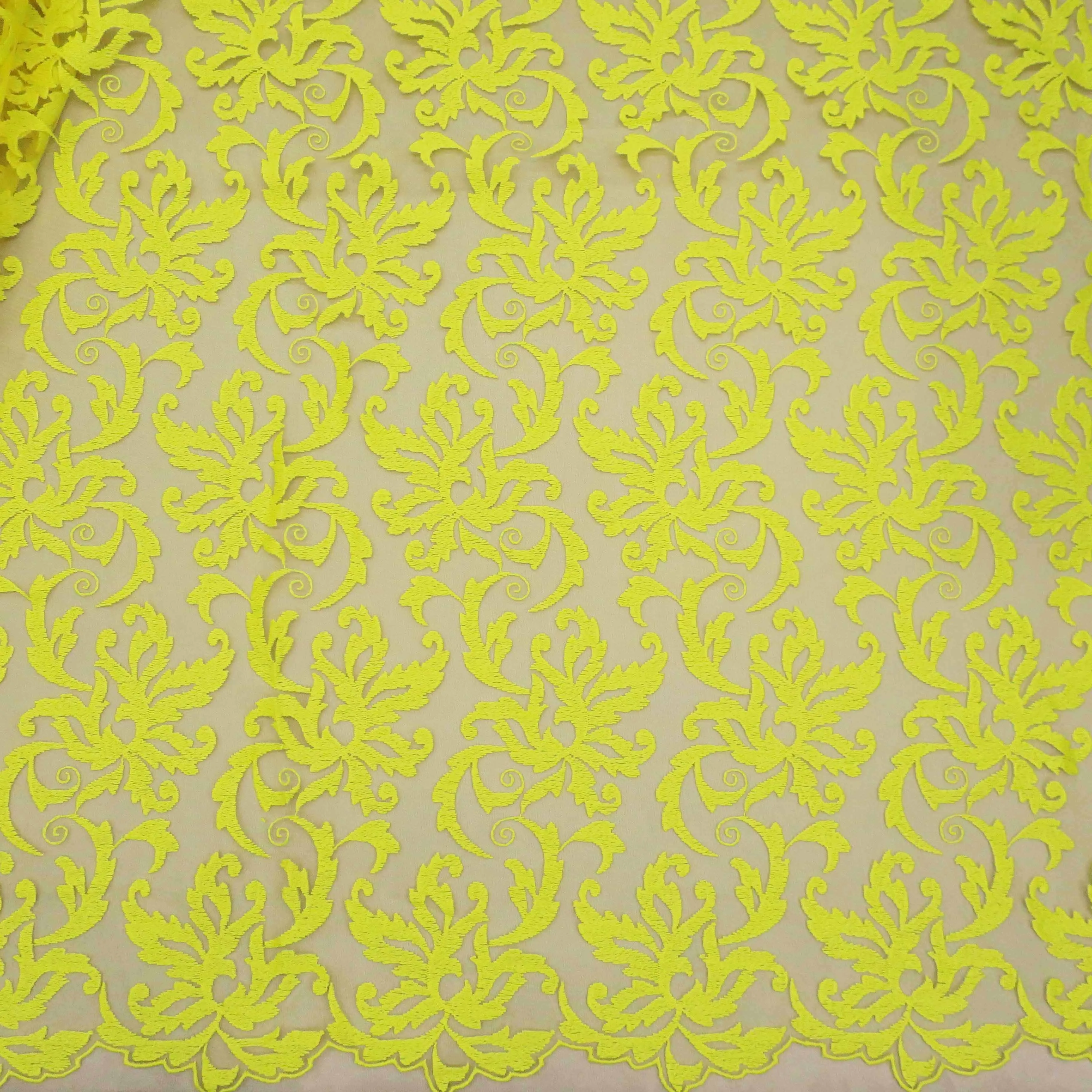 Yellow Arabesque Embroidered Tulle Fabric