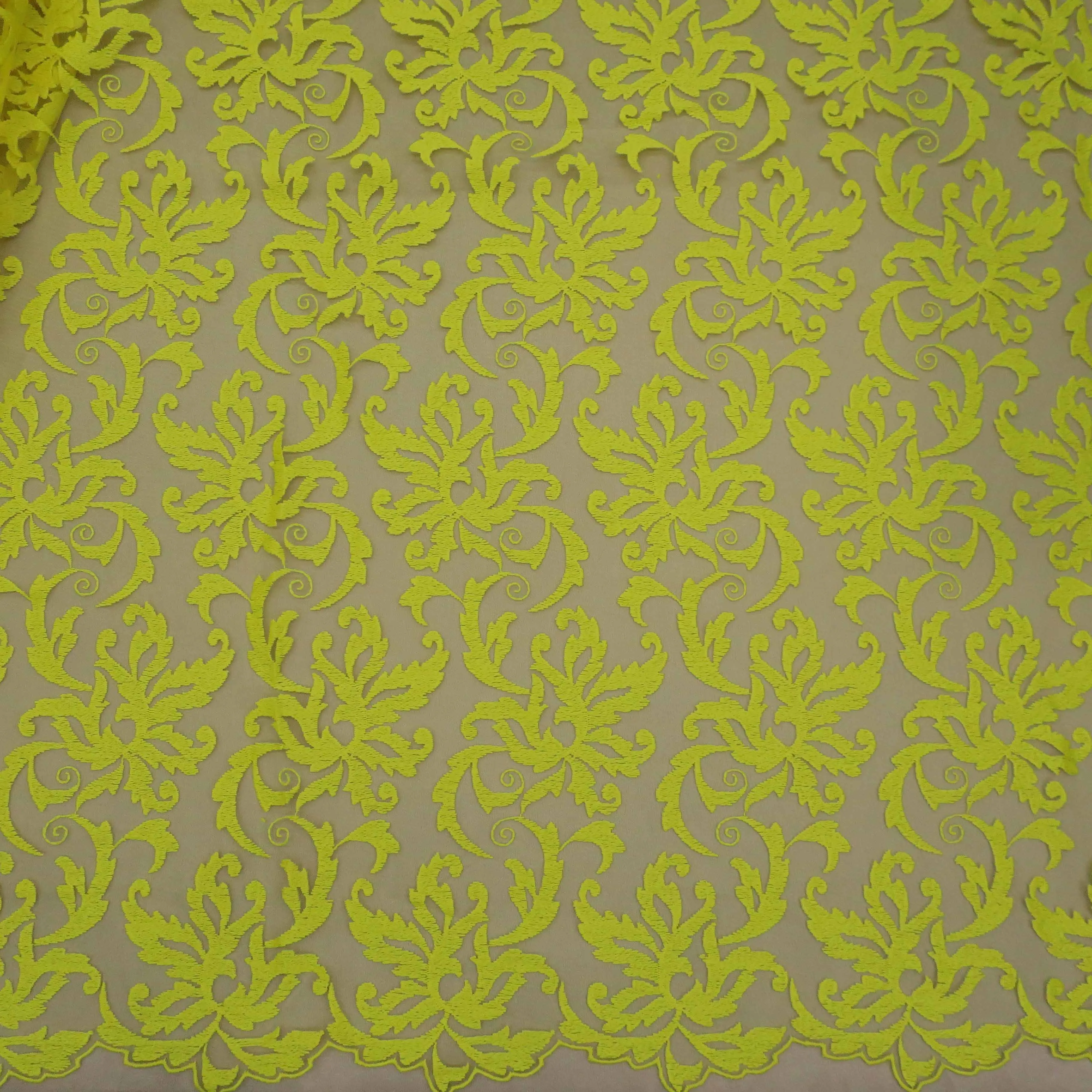 Yellow Arabesque Embroidered Tulle Fabric