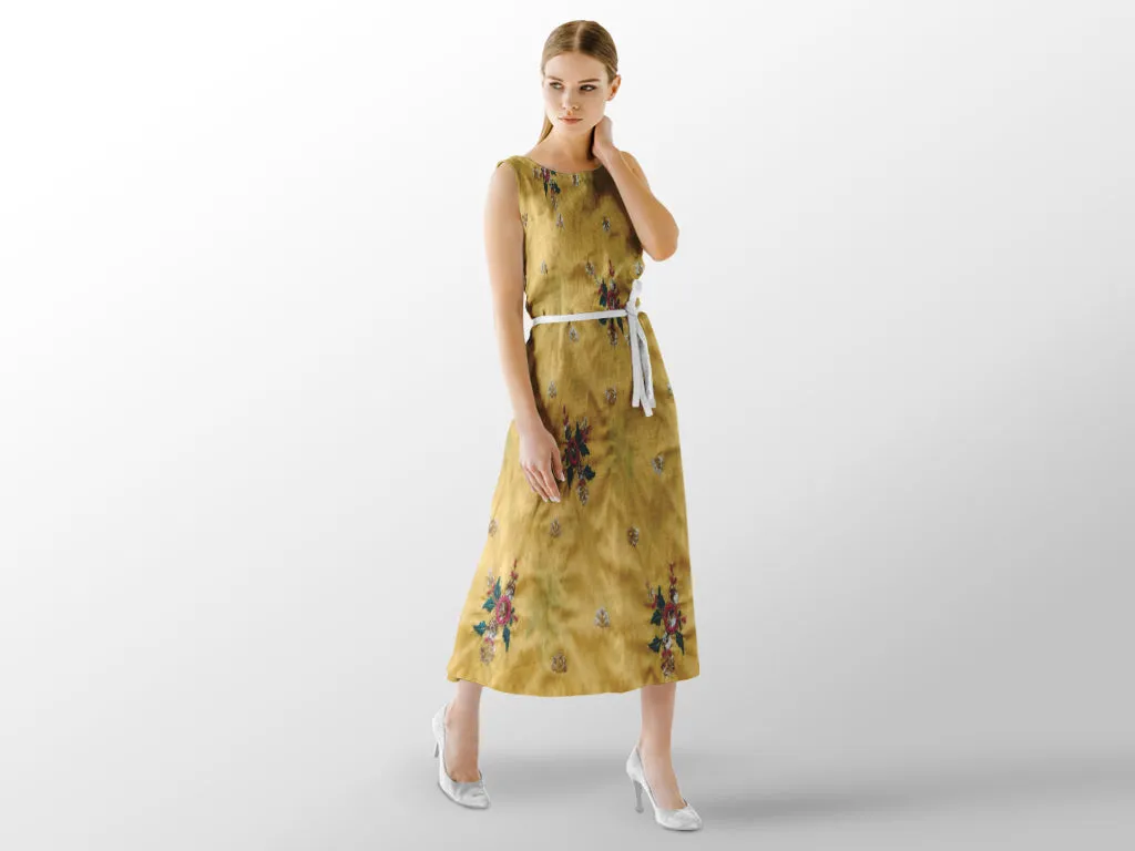 Yellow Flowers Sequins and Thread Work Embroidered Taffeta Silk Fabric